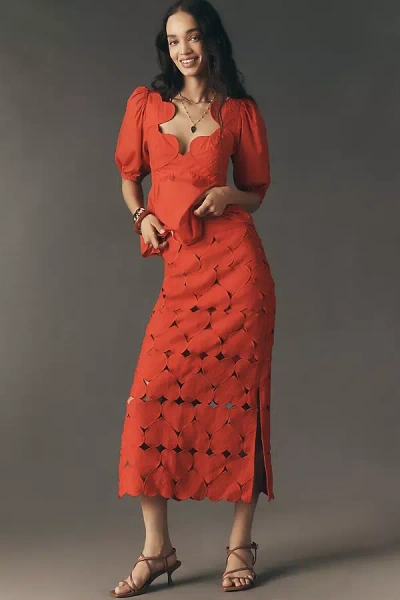 Farm Rio Cutout Hearts Linen Midi Skirt In Multi