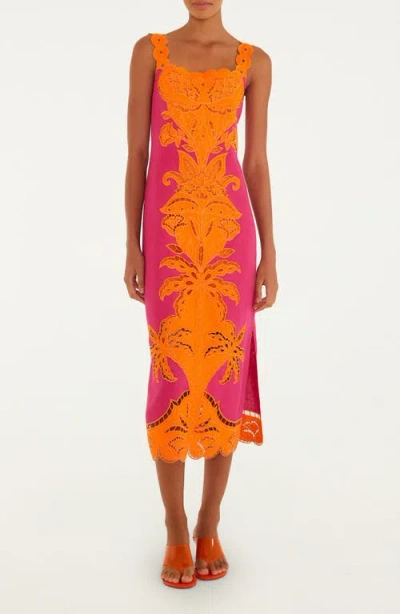 Farm Rio Cutwork Detail Linen Dress In Multi