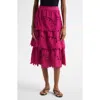 Farm Rio Daisy Guipure Lace Cotton & Linen Tiered Skirt In Pink