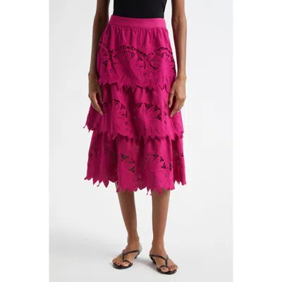 Farm Rio Daisy Guipure Lace Cotton & Linen Tiered Skirt In Pink