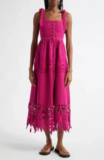 FARM RIO FARM RIO DAISY LACE DETAIL COTTON & LINEN MIDI SUNDRESS