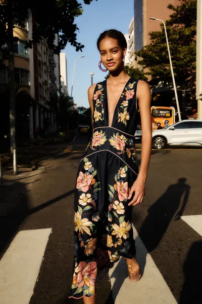 Farm Rio Dark Blue Maira Floral Euroflax Premium Linen Midi Dress In Black
