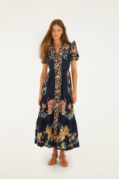 Farm Rio Dark Blue Maira Floral Short Sleeve Maxi Dress