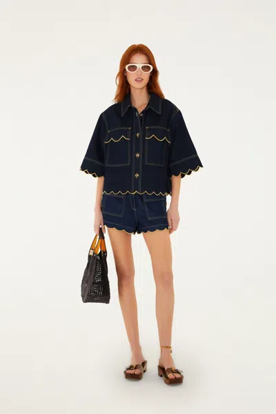 Farm Rio Dark Denim Wavy Hem Short Sleeve Shirt In Blue