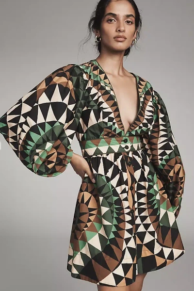 Farm Rio Deco Long-sleeve Mini Dress In Multi