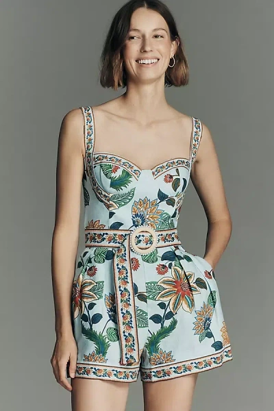 Farm Rio Delhi Floral Belted Sleeveless Sweetheart Linen Romper In Blue