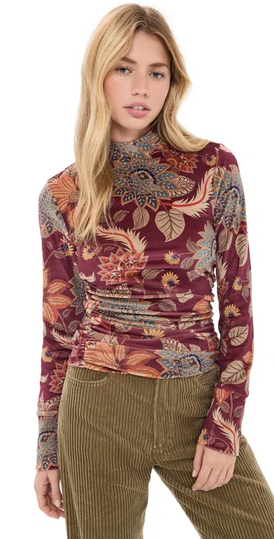 Farm Rio Delhi Floral Burgundy Velvet Jersey Blouse Delhi Floral Burgundy In Multi