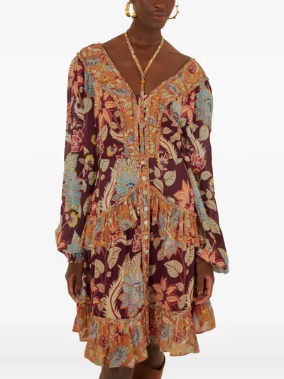 Farm Rio Delhi Floral Mixed Mini Dress In Brown