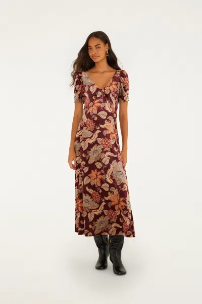 Farm Rio Delhi Floral Short Sleeve Velvet Maxi Dress In Burgundy