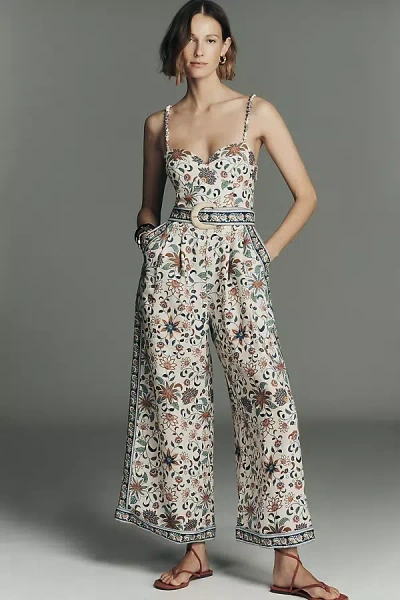 Farm Rio Delhi Sleeveless Sweetheart Linen Jumpsuit In Multi