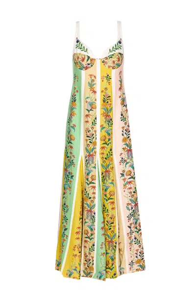 Farm Rio Delicate Floral Stripes Midi Dress In Green