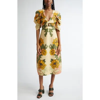 Farm Rio Delicate Flower Arabesques Linen Midi Dress