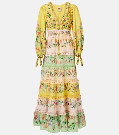 Farm Rio Delicate Flowers Cotton Maxi Dress In Yellow