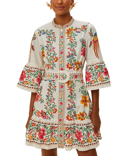 Farm Rio Delicate Forest Scarves Flared-sleeve Mini Dress In White