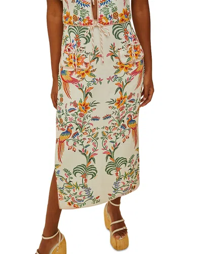 FARM RIO DELICATE FOREST OFF WHITE LINEN MIDI SKIRT