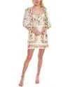 Farm Rio Delicate Forest Scarves Bonded Lace Linen-blend Mini Dress In Beige