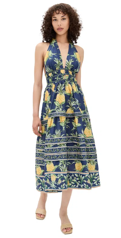 Farm Rio Delicate Pineapple Navy Blue Midi Dress Delicate Pineapple Navy Blue