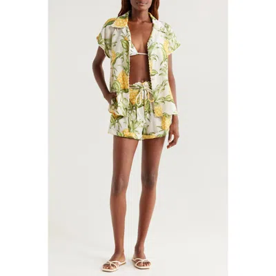 Farm Rio Delicate Pineapple Short Sleeve Cotton Button-up Shirt