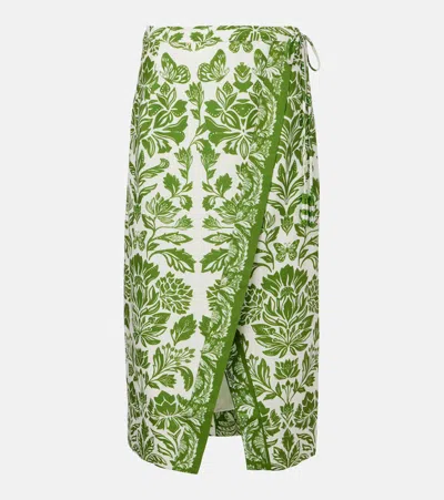 Farm Rio Delicate Tapestry Linen-blend Midi Skirt In Green