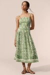 Farm Rio Green Delicate Tapestry Euroflax Premium Linen Midi Dress In Green
