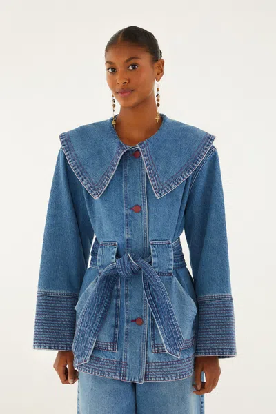 Farm Rio Denim Collared Belted Trench Coat In Blue