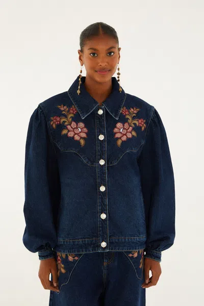 Farm Rio Denim Flower Embroidery Jacket