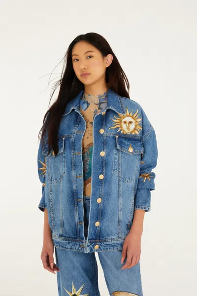 Farm Rio Denim Mystical Sun Printed Jacket In Blue