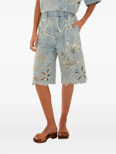 Farm Rio Denim Sea Desire Embroidered Bermuda Shorts In Blue