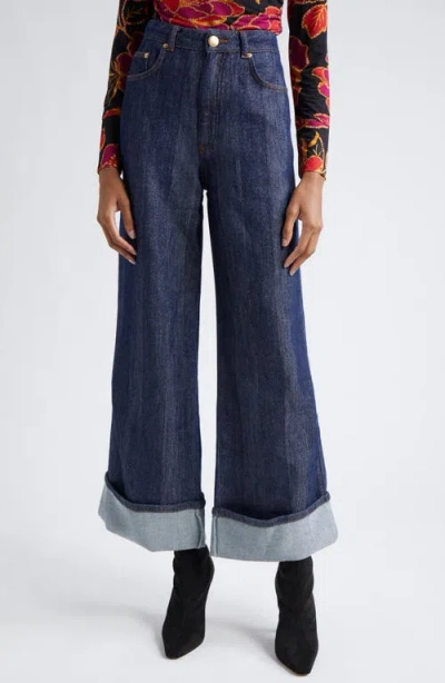 Farm Rio Denim Shine High Waist Cuffed Wide Leg Jeans