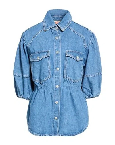 Farm Rio Denim Shirt Puffing Sleeve Woman Denim Shirt Blue Size Xl Cotton