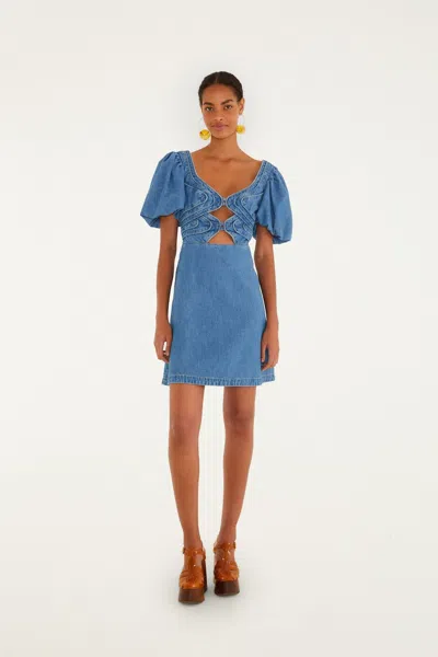 Farm Rio Denim Wavy Cut-out Puff Sleeve Mini Dress In Blue