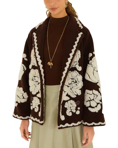 Farm Rio Double Breasted Fleece Coat In Brown
