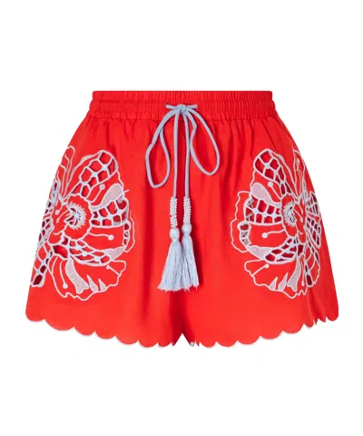 Farm Rio Embroidered Linen-blend Shorts In Red