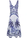 Farm Rio Fitted Linen Long Dress With Wonderful City Print And Striped Shoulder Straps In White