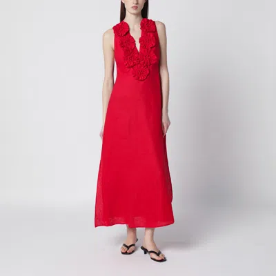 Farm Rio Linen Dress With Floral Appliques And Halterneck In Red