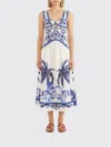 Farm Rio Fitted Linen Long Dress With Wonderful City Print And Striped Shoulder Straps In White