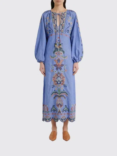 Farm Rio Blue Crew Neck Dress With Knot Closure And All-over Embroidery In Fabric Woman