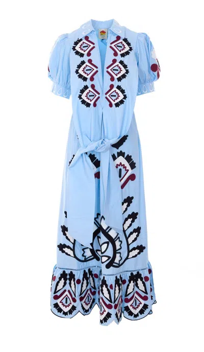 Farm Rio Blue Artisanal Embroidered Lace Front Bow Maxi Dress In Gray