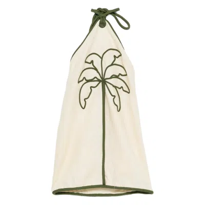 Farm Rio Sand Coconut Embroidery Halter Neck Euroflax Premium Linen Mini Dress In White