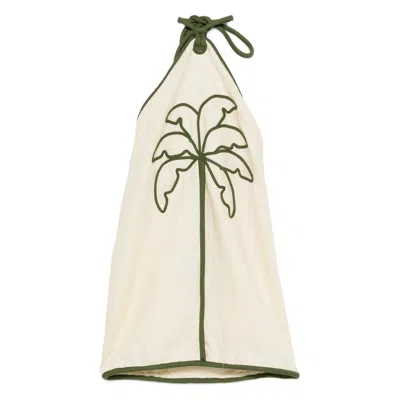 Farm Rio Sand Coconut Embroidery Halter Neck Euroflax Premium Linen Mini Dress In White