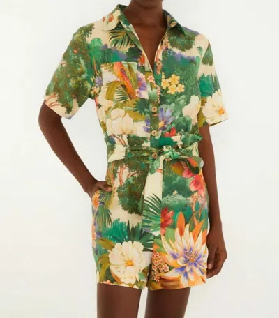 Farm Rio Ecovero Linen Floral Romper In Green In Multi