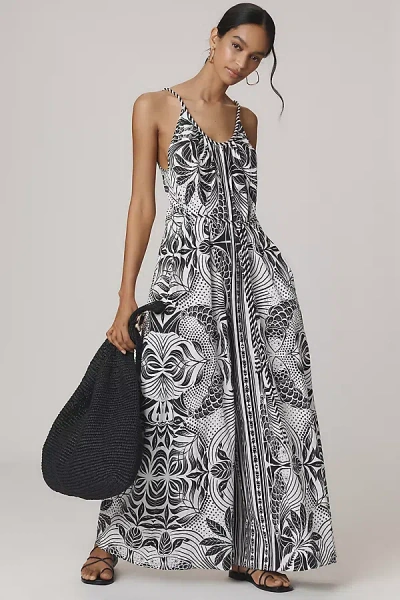 Farm Rio Elegance Scarf Linen Blend Wide-leg Jumpsuit In White/black