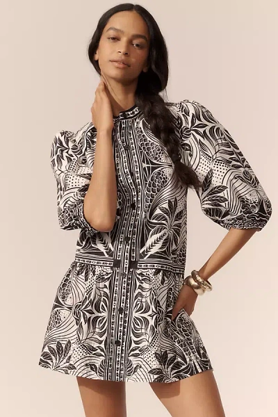 Farm Rio Elegance Scarf Puff-sleeve Mini Dress In Black