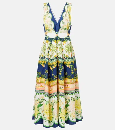 Farm Rio Embellished Cutout Printed Midi Dress In Blue