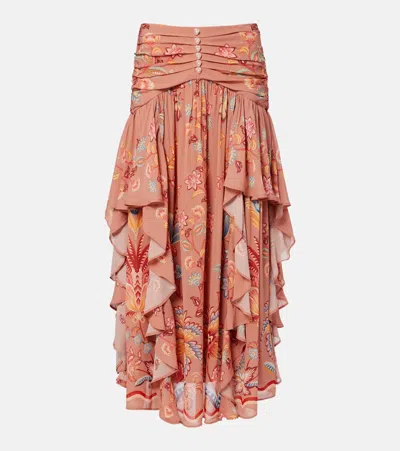 Farm Rio Embellished Floral Ruffled Maxi Skirt In Brown