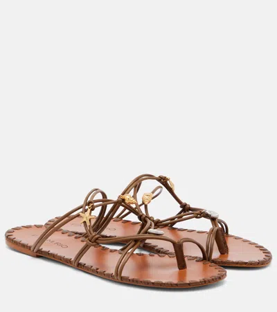 Farm Rio Embellished Leather Sandals In Brown