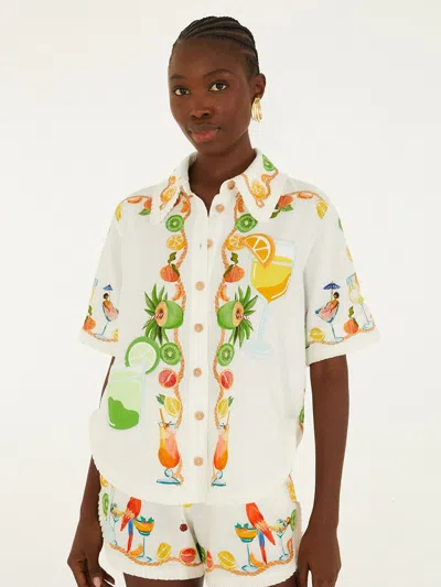 Farm Rio Embroidered All-over Print Linen-blend Short-sleeve Shirt In White
