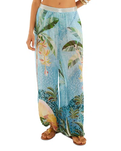 Farm Rio Embroidered Balloon Pants Swim Cover-up In Blue