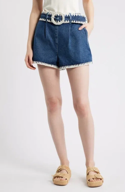Farm Rio Embroidered Belted Denim Shorts In Blue
