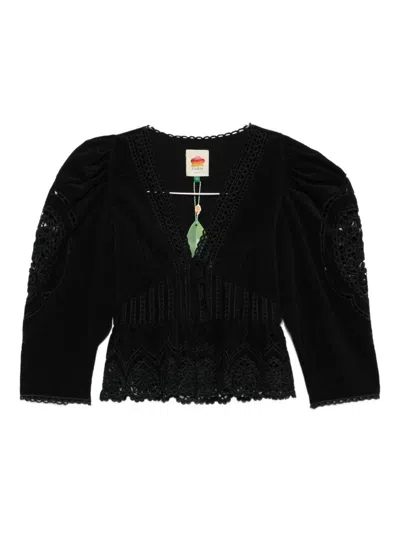 Farm Rio Embroidered Blouse In Black